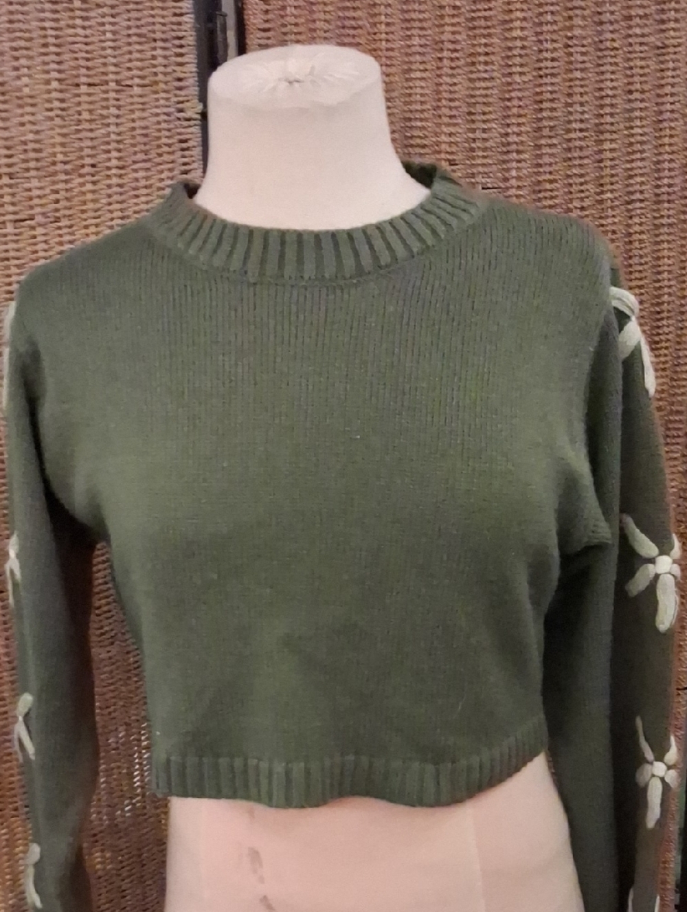 Altar'd State Olive Green Cropped Crewneck Sweater with Sleeve Embroidery